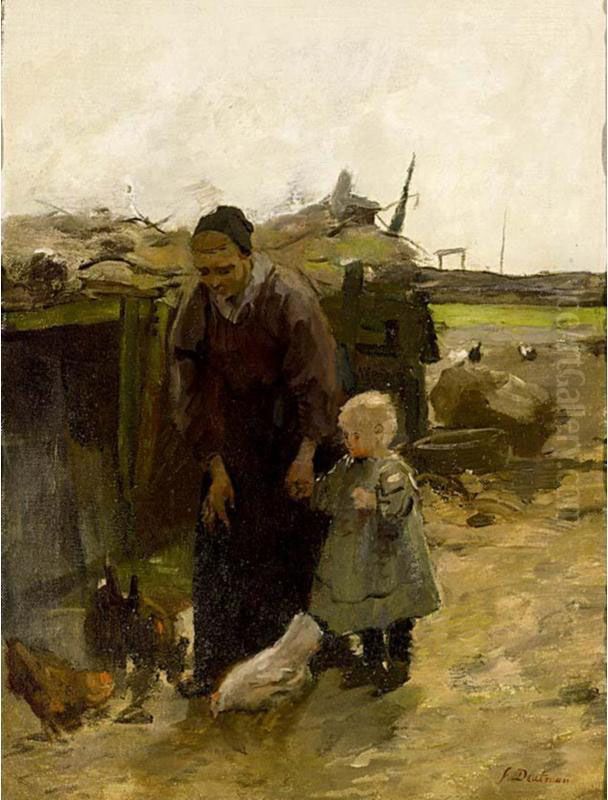 Mother And Child Feeding The Chickens Oil Painting by Frans Deutmann