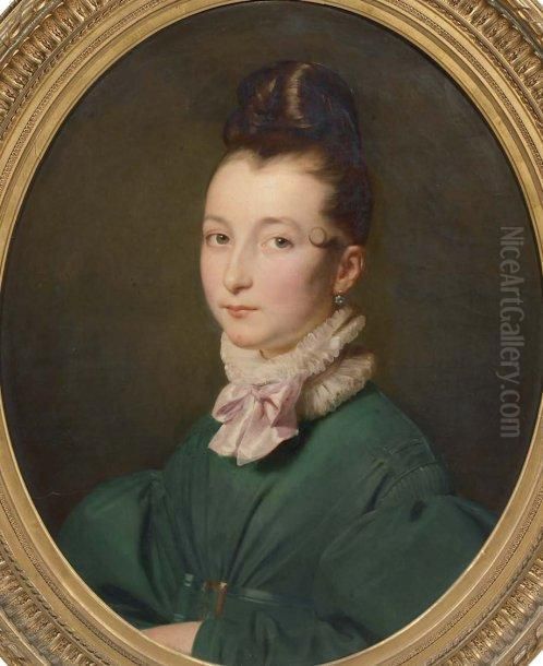 Portrait De Femme En Robe Verte Oil Painting by Achille-Jacques-Jean-Marie Deveria