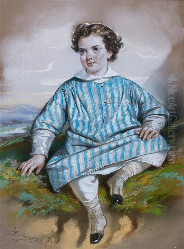 Portrait D'enfant A La Chemise Rayee Oil Painting by Eugene Francois Marie Joseph Deveria