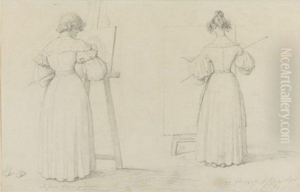 La Jeune Veuve Peignant Oil Painting by Eugene Francois Marie Joseph Deveria