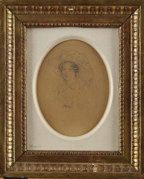 Portrait De Femme Au Chapeau A Rubans Oil Painting by Eugene Francois Marie Joseph Deveria