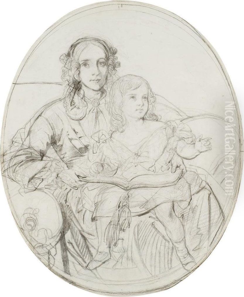 Portrait De La Femme De L'artiste Et De Sa Fille Oil Painting by Eugene Francois Marie Joseph Deveria