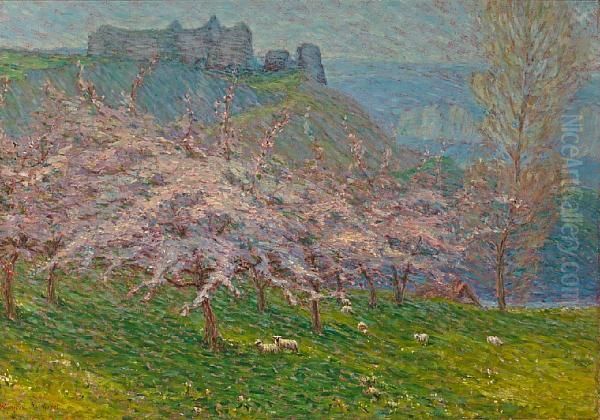 Sheep Grazing Beneath Flowering Appletrees Oil Painting by Wynford Dewhurst