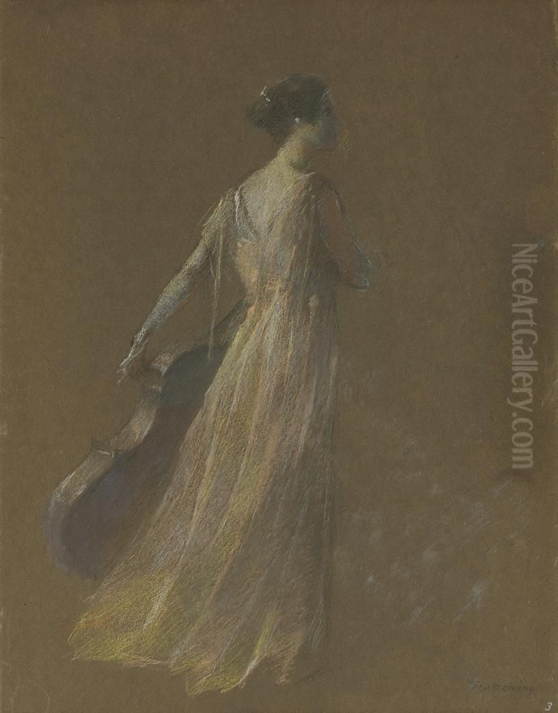 Lady Standing Holding A Cello Oil Painting by Thomas Wilmer Dewing