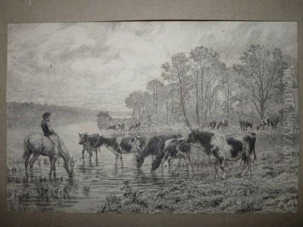 Vaches A La Riviere Et Gardien A Cheval Oil Painting by Theophile Louis Deyrolle