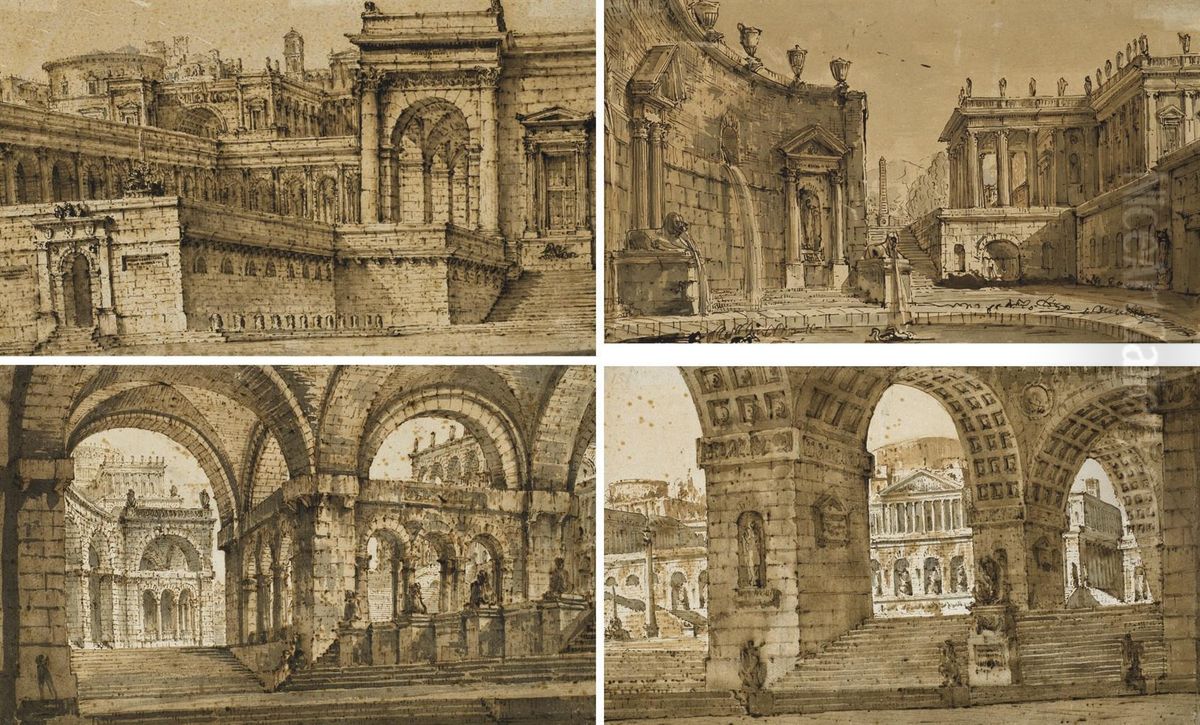 Four Studies For Stage Designs Oil Painting by Pietro Gonzaga