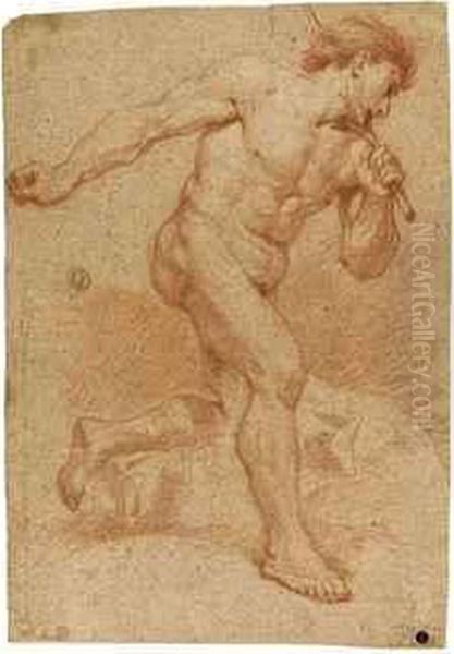 An Academic Male Nude Holding A Rod To His Left Shoulder Oil Painting by Andrea Di Lione