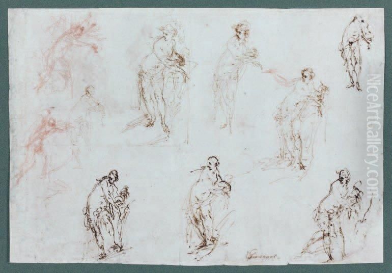 Recto : Huit Etudes De Figuresfeminines En Pied Et Deux Etudes De Personnages Oil Painting by Giovanni Giovanni da San (Mannozzi)