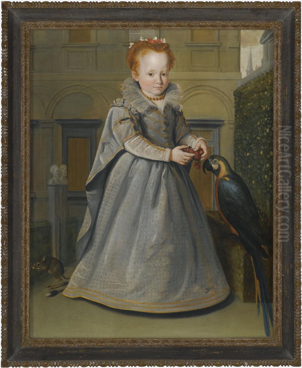 Portrait Of Lucrezia, Daughter Of Nicolo Di Sinibaldo Gaddi, Full Length, Standing In Her Garden With A Macaw And A Jerboa Oil Painting by Santi Di Tito