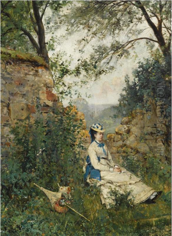 A Summer Landscape With An Elegant Lady At Rest Oil Painting by Ricardo Diaque