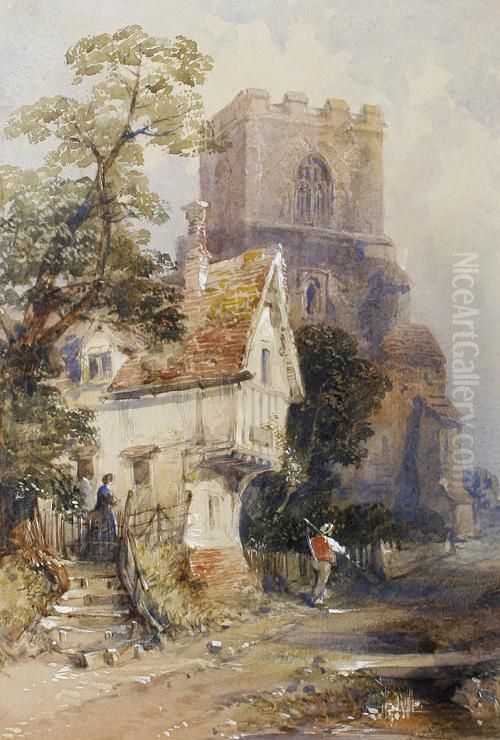 Figures Before A Village Church Oil Painting by Thomas Colman Dibdin