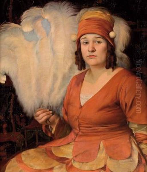 Frau Des Kunstlers In Rotem Ballkleid Mit Strausenfedernfacher Oil Painting by Xaver Frantisek Diblik