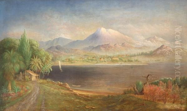 Elsinore Lake And Village And San Jacintomountain Oil Painting by Albert Dickerman