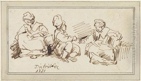 Studienblatt Mit Drei Figuren Oil Painting by Christian Wilhelm Ernst Dietrich