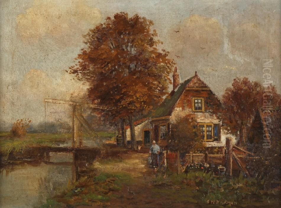Boerderij Aan Een Kanaal Oil Painting by Christoffel Hendrik Dijkman