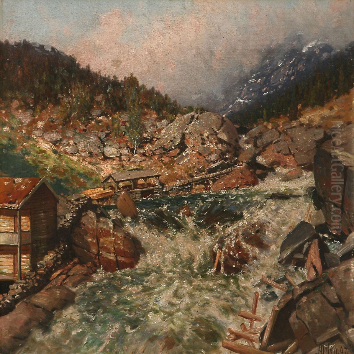 Norwegian Landscape With A Timber Plant At A River Oil Painting by Andreas Edvard Disen