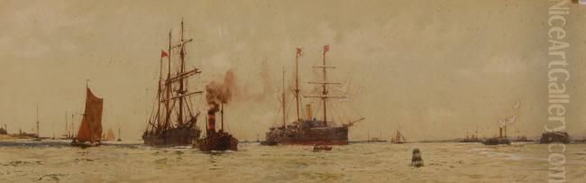 Busy Shipping Scene Off Southsea Oil Painting by Charles Dixon