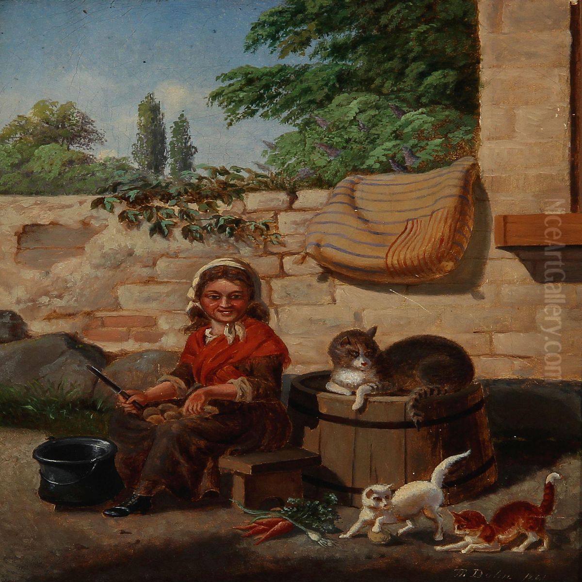 A Girl Doing The Vegetables At A Brick Wall, While The Cats Are Playing Oil Painting by Th. Dohn