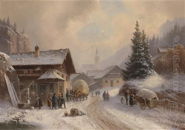 Village Street Im Winter Oil Painting by Anton Doll