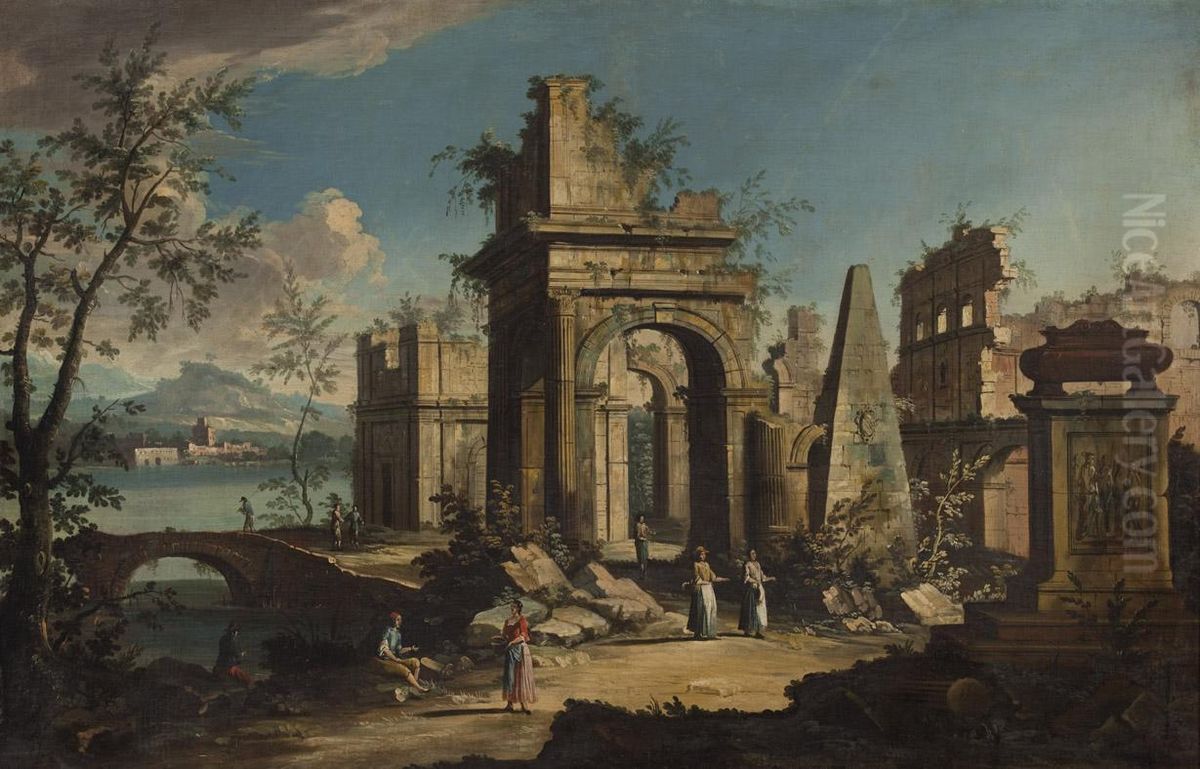 Rovine Di Edifici Classici Presso Un Fiume Con Un Obelisco Piramidale E Con Un Cenotafio Antico Ornato Da Un Rilievo E I Resti Di Un Anfiteatro Con Astanti Vari Oil Painting by Apollonio Domenichini
