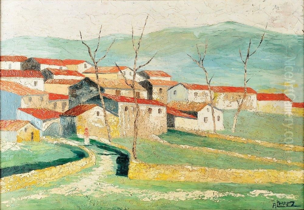 Paisagem Minhota Com Casario Oil Painting by Jose Domingos Alvarez