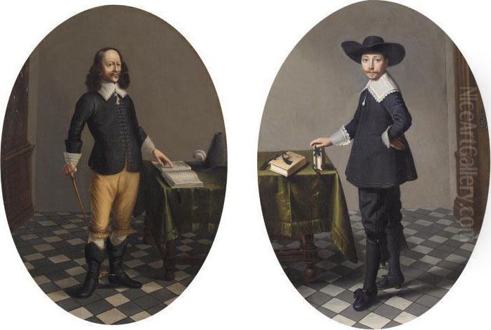 Portrait Of A Gentleman, Full Length, Standing Standing Beside A Table With His Hand Resting On A Book Oil Painting by Herman Mijnerts Doncker