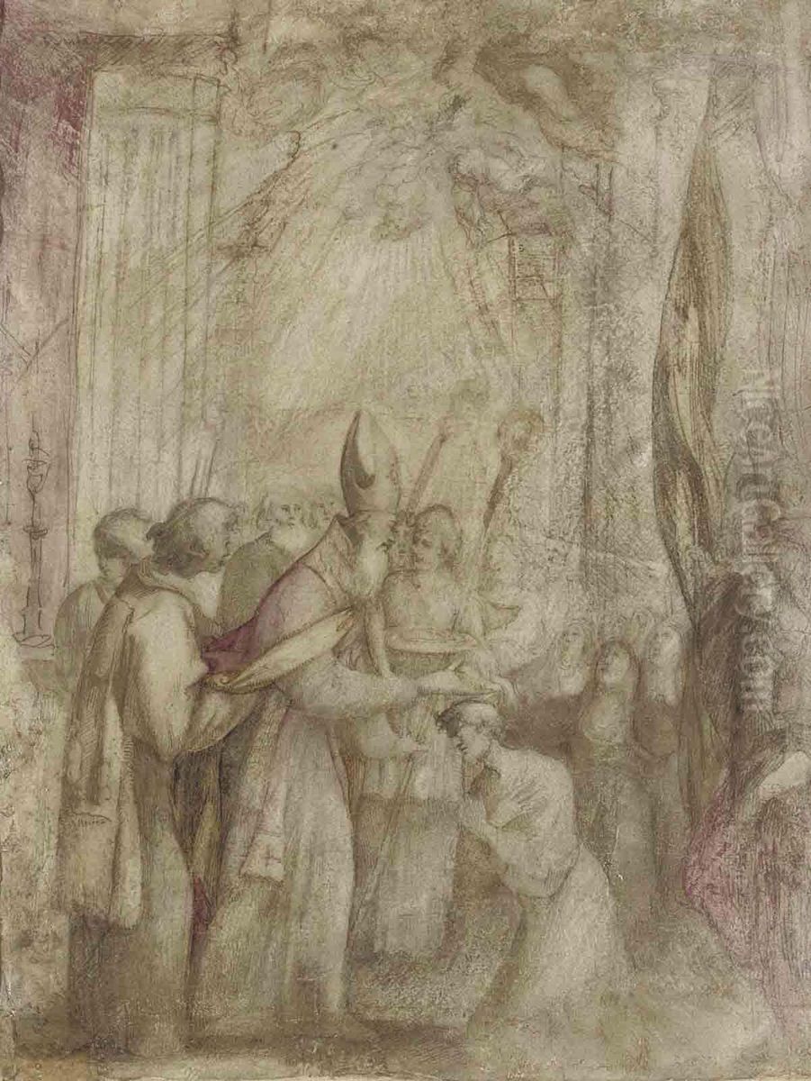 Giovanni Andrea Donducci, Il Mastelletta A Bishop Offering A Benediction To A Kneeling Figure, Accompaniedby Acolytes, Pious Women And A Flagbearer With Indistinct Inscription Pen And Brown Ink, Brown, Rose And Ochre Oil Painting by Giovanni Andrea Donducci (see MASTELLETTA)