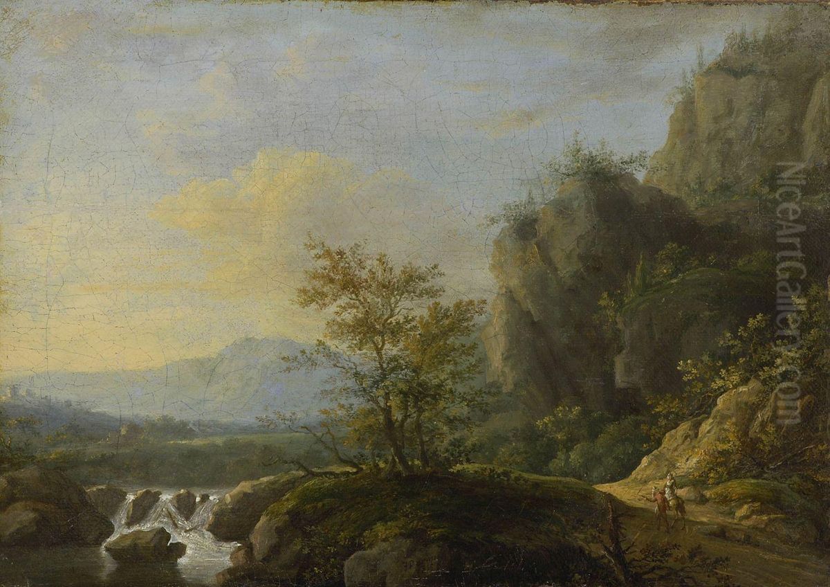 Felsige Flusslandschaft Mit Ziehendem Bauernpaar Oil Painting by Johann Jakob Ii Dorner