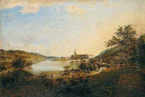 Blick Auf Den TegernseeMit Kloster Oil Painting by Johann Jakob Ii Dorner
