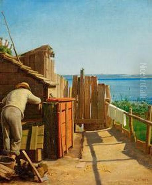 Danischesommerlandschaft Mit Fischer An Seiner Hutte Oil Painting by Anton Laurids Johannes Dorph