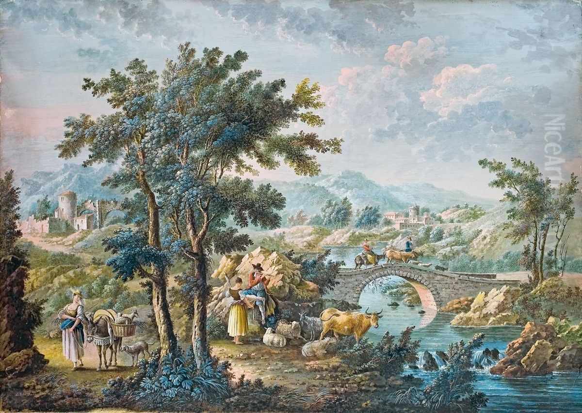 Zwei Italienische Landschaften Mit Hirten Oil Painting by Zacharie Felix Doumet
