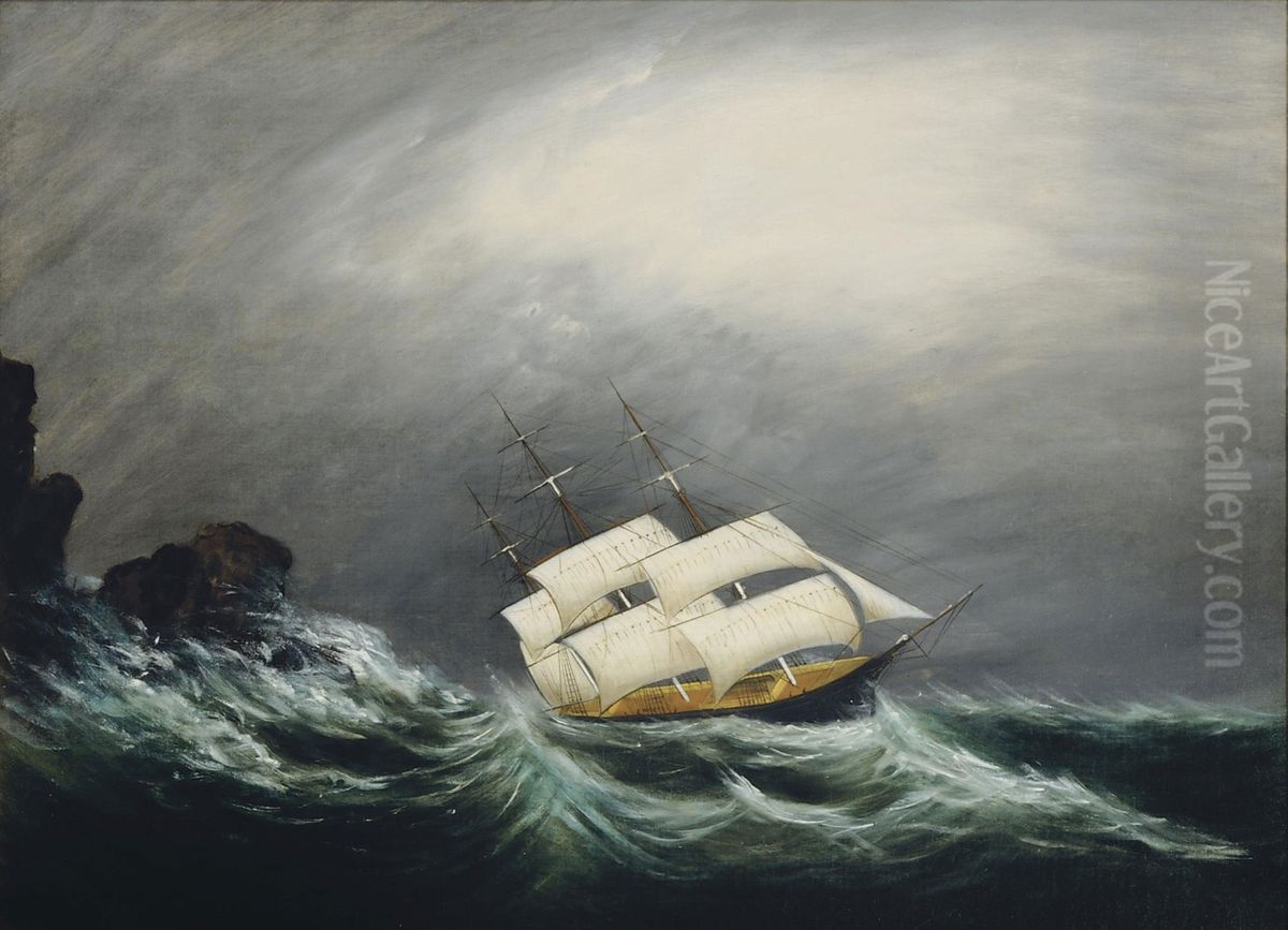 A Three Master In A Storm Oil Painting by Clement Drew