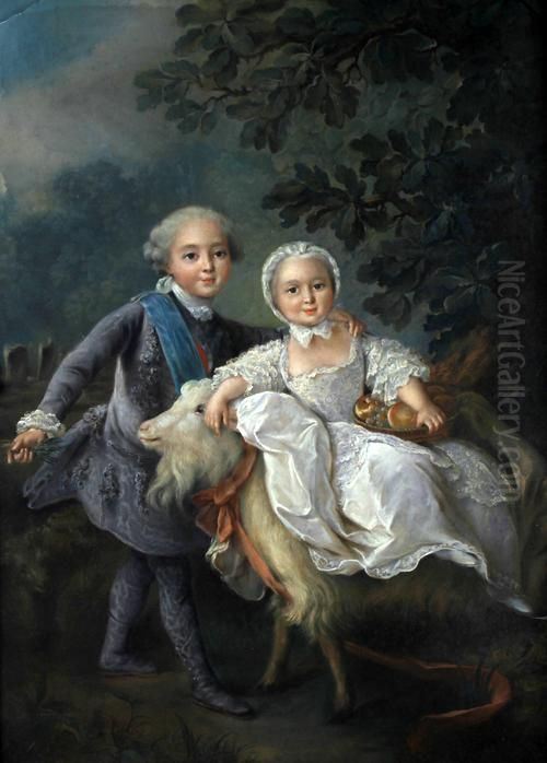 Children At Play, Seated With Goat - Probably The Dauphin Louis Xviii And His Sibling From The Bourbon Family Oil Painting by Hubert Drouais