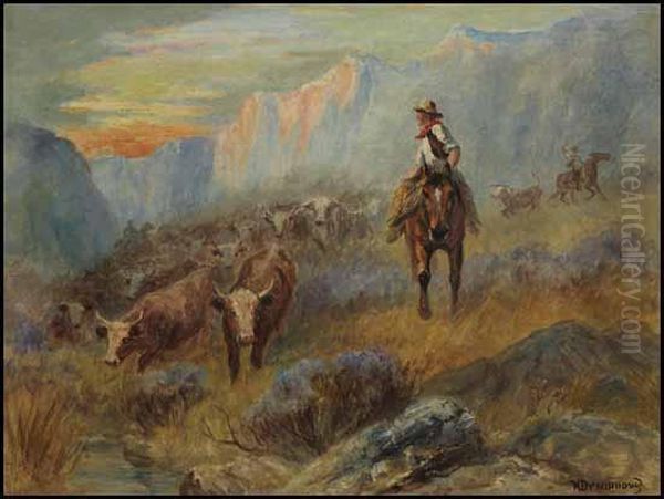 Cowboys Rounding Up Cattle In The West Oil Painting by Nora Drummond