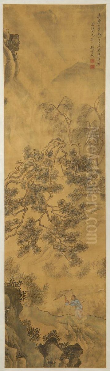 Depicting A Figure With An Umbrella On A Mountain Path Oil Painting by Qian Du