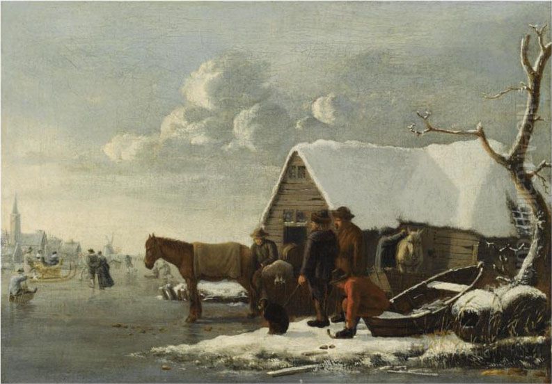 A Winter Landscape With Figures And Horses Near A Barn, Skaters On A Frozen Lake, A Church Beyond Oil Painting by Hendrick Dubbels