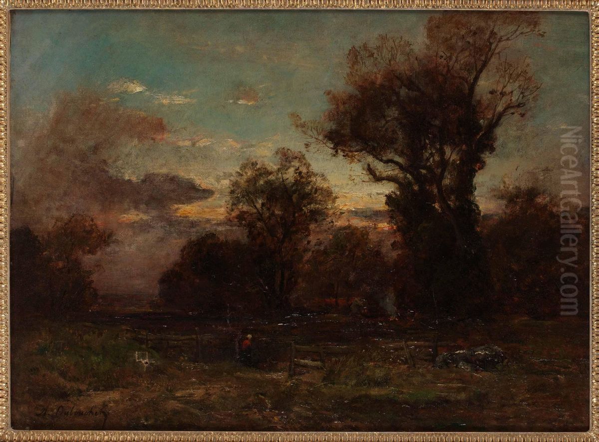 Skogslandskap Med Figur I Solnedgang Oil Painting by Alexandre Dubouchet