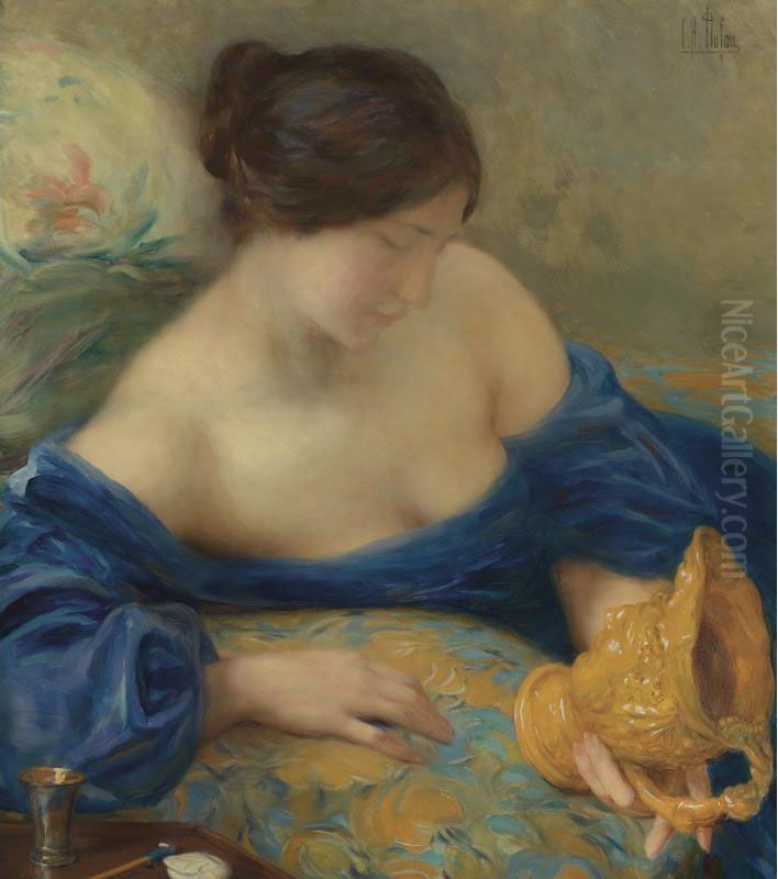 Admiring A Vase Oil Painting by Clementine-Helene Dufau