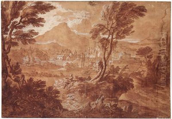 Klassische Landschaft Mit Blick Auf Eine Italienische Stadt Oil Painting by Gaspard Dughet