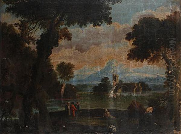 Figures Conversing In An Italianate Landscape Oil Painting by Gaspard Dughet