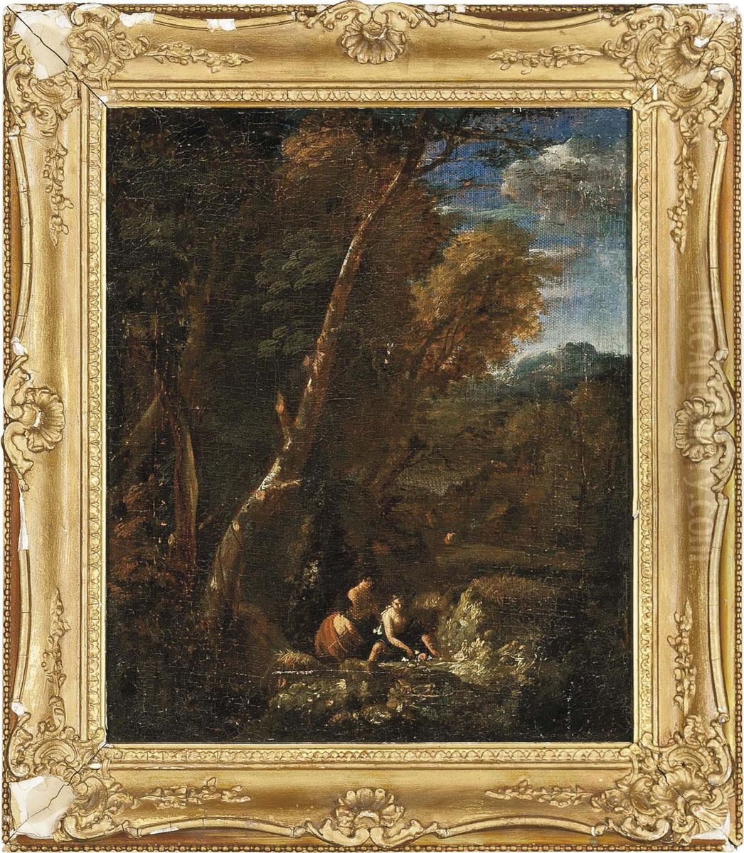 A Wooded Landscape With Classical Figures Oil Painting by Gaspard Dughet