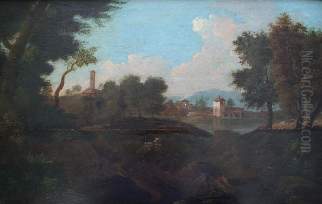 Italianate Landscape With Buildings Across A Lake Oil Painting by Gaspard Dughet