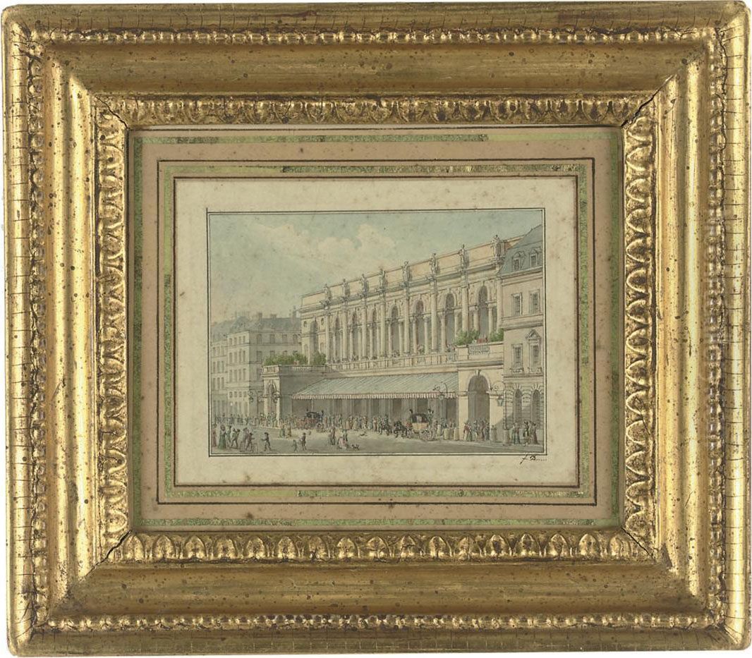 Street Scene With Fashionable Figures Gathering In Front Of Aneo-classical Building, Identified As The Royal Opera House,haymarket Oil Painting by Jean-Demosthene Dugourc