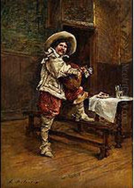 Lautespielender Musikant In Kleidung Des 17. Jahrhunderts In Einem Schlossinterieur Oil Painting by Hippolyte Francois Duluard