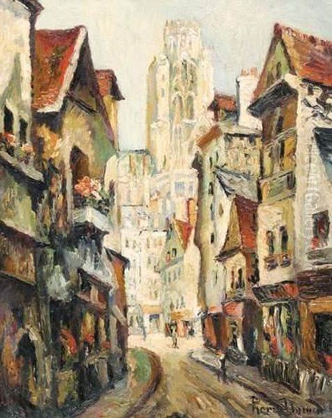 Vieille Rue De Rouen Avec La Cathedrale Oil Painting by Gabriel Pierre M. Dumont