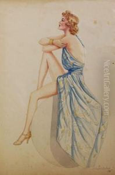 Pin Up Robe Bleue Dos Nu Oil Painting by Joseph L. Duport