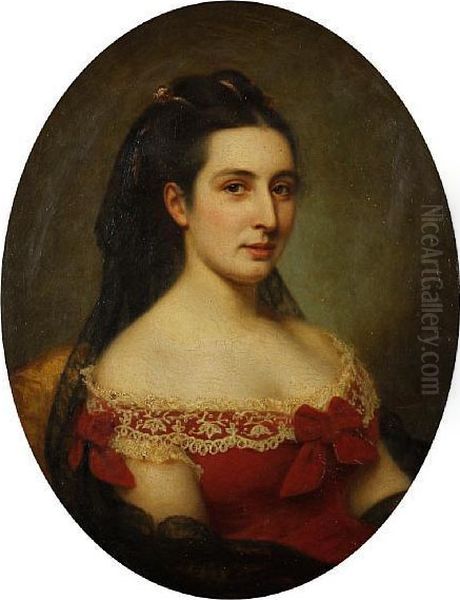 Portrait Of A Lady, Bust Length, In A Red Dress With Lace Trim Oil Painting by Philippe Felix Dupuis