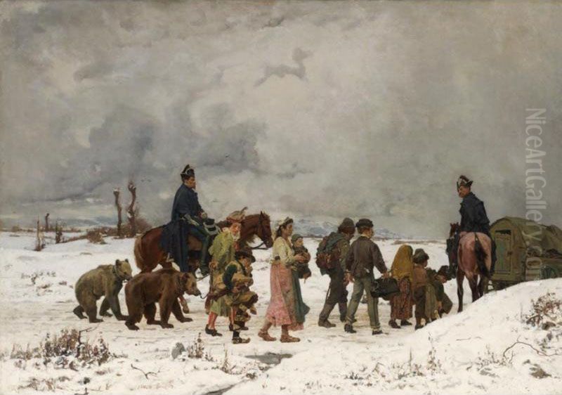 Paysage En Hiver Avec Saltimbanques, Ours Savantset Des Gendarme A Cheval
Winter Landscape With Jugglers, Dancing Bears And Gendarmes On Horseback Oil Painting by Simon Durand