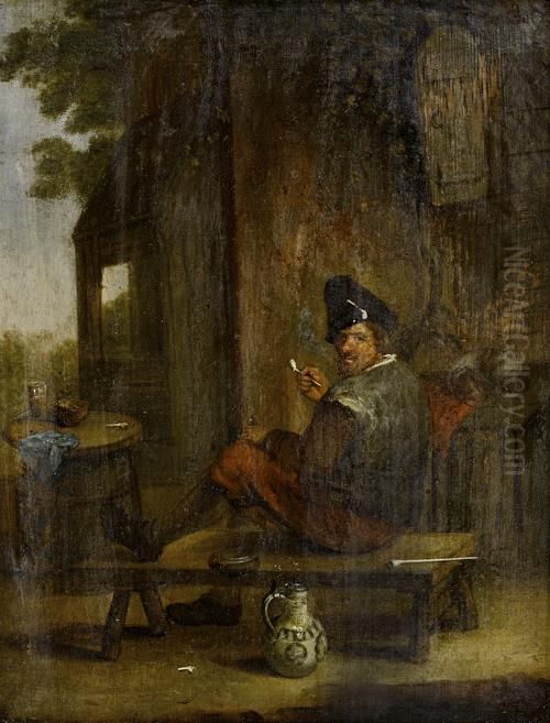 A Figure Seated Before A House, Smoking Oil Painting by Cornelis Dusart