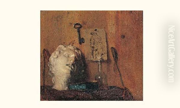 Trompe-l'oeil A La Sculpture Baroque, Livre Et Bouteille Disposes Devant Une Cloison Oil Painting by Thomas Germain Duvivier